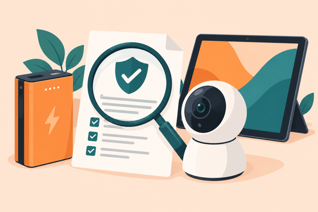 Editorial illustration of a rechargeable battery, smart-home devices, and a compliance checklist.
