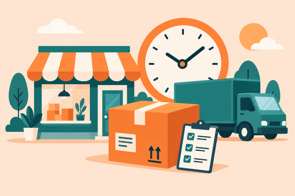 Editorial illustration of a parcel, business storefront, delivery truck, and clock.