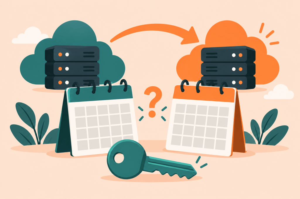Editorial illustration of API keys, connected servers, and two calendars representing conflicting migration dates.