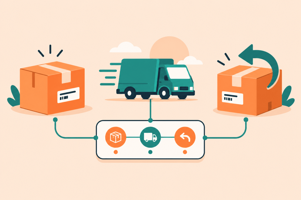 Editorial illustration of connected order, shipment, and return notifications.