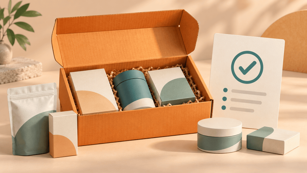Orange carton holding coordinated unbranded packages beside a cream checklist card and separate products.