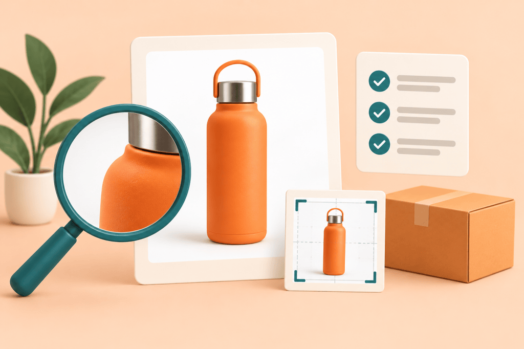 Orange product bottle in a photo frame beside a teal magnifying glass, crop frame, checklist and shipping box.