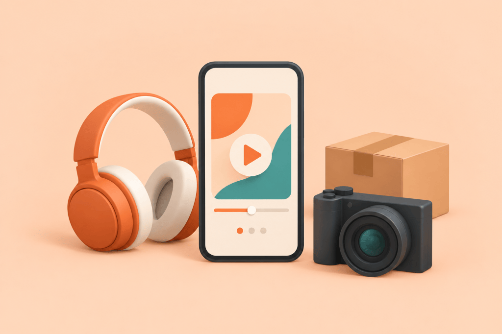 An upright phone with an abstract video play card stands beside orange-and-cream headphones, a compact camera, and a delivery box on a pale peach background.