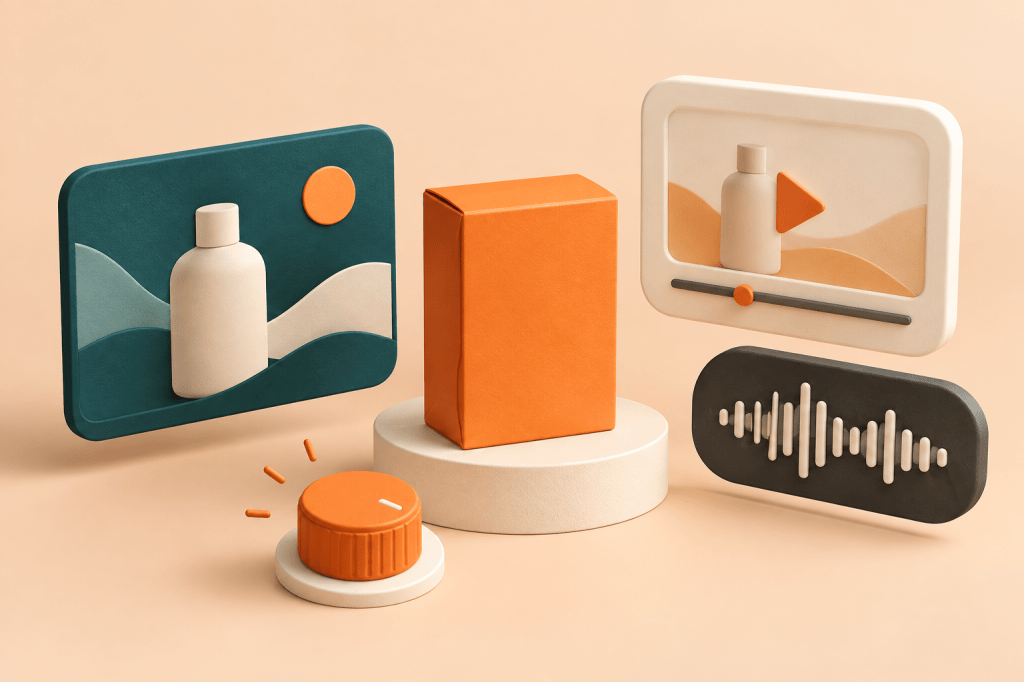 Orange product box surrounded by stylized display, video and audio panels, with an adjustable campaign-control dial.